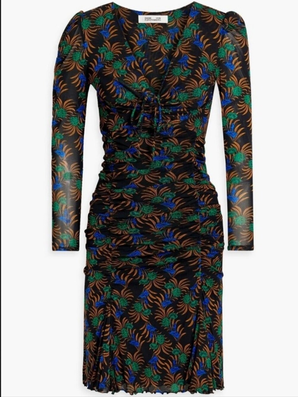 Diane Von Furstenberg Vladimir Printed Ruched Mesh Long Sleeve Dress Sz XS